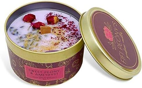 Fifi Peony's Gemstone Candles- Scented with Sweet Peonies and Infused with a Calming Amethyst Crystal and Handplaced Dried Flowers to Manifest Tranquility. Burns with an Elegant Wooden Wick. 8oz. in Saudi Arabia