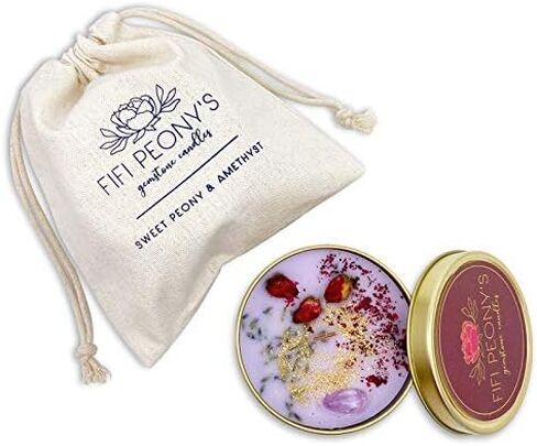 Fifi Peony's Gemstone Candles- Scented with Sweet Peonies and Infused with a Calming Amethyst Crystal and Handplaced Dried Flowers to Manifest Tranquility. Burns with an Elegant Wooden Wick. 8oz. in Saudi Arabia