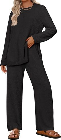 NENONA Women's Fuzzy Fleece Lounge Sets 2 Piece Loungewear Outfits Long Sleeve Sweater Wide Leg Pants Pajama Sets in Saudi Arabia