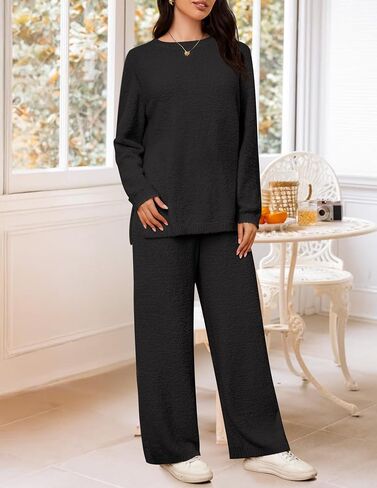 NENONA Women's Fuzzy Fleece Lounge Sets 2 Piece Loungewear Outfits Long Sleeve Sweater Wide Leg Pants Pajama Sets in Saudi Arabia
