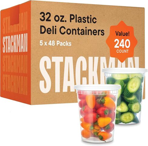 Stack Man [240 Sets - 32 oz.] Clear Plastic Deli Food Storage Containers with Airtight Lids - Soup Containers - Bulk Pack - 240/Case Brand in Saudi Arabia