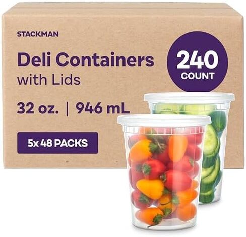 Stack Man [240 Sets - 32 oz.] Clear Plastic Deli Food Storage Containers with Airtight Lids - Soup Containers - Bulk Pack - 240/Case Brand in Saudi Arabia