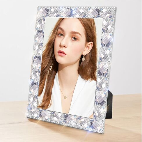 تصميم إطار صورة لامع مقاس 5x7، إطارات صور زجاجية ماسية مستطيلة لامعة لامعة مقاس 5 * 7 لسطح الطاولة، أفقيًا أو رأسيًا، فضي، حزمة واحدة in Kuwait