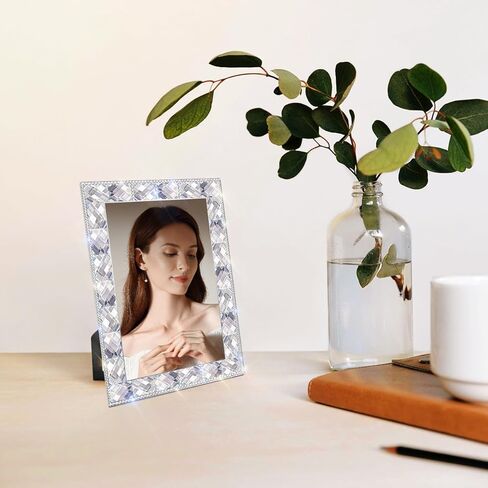 تصميم إطار صورة لامع مقاس 5x7، إطارات صور زجاجية ماسية مستطيلة لامعة لامعة مقاس 5 * 7 لسطح الطاولة، أفقيًا أو رأسيًا، فضي، حزمة واحدة in Kuwait