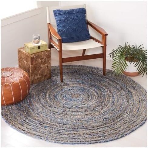 Safavieh Cape Cod Collection Area Rug - 6' Round, Blue & Natural, Handmade Boho Braided Jute & Cotton, Ideal for High Traffic Areas in Living Room, Bedroom (CAP202M) in Saudi Arabia