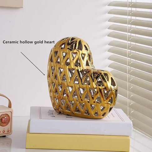 Anding Ceramic Heart-Shaped Decorative Sculpture Three-Dimensional Carved Hollow Bevel Origami Home Decoration Statue,Gold Decorative Living Room Office Centerpiece (A672Gold) in Kuwait