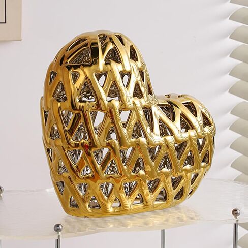 Anding Ceramic Heart-Shaped Decorative Sculpture Three-Dimensional Carved Hollow Bevel Origami Home Decoration Statue,Gold Decorative Living Room Office Centerpiece (A672Gold) in Saudi Arabia