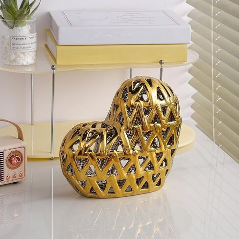 Anding Ceramic Heart-Shaped Decorative Sculpture Three-Dimensional Carved Hollow Bevel Origami Home Decoration Statue,Gold Decorative Living Room Office Centerpiece (A672Gold) in Kuwait