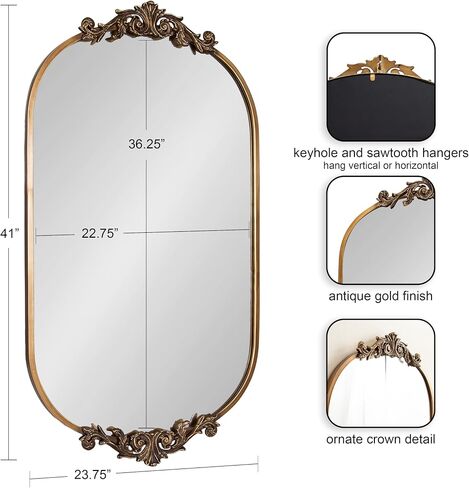 Kate and Laurel Arendahl Traditional Capsule Wall Mirror, 24 x 41, Antique Gold, Vintage Glam Baroque-Inspired Round Bathroom Vanity Mirror with Ornate Crown in Saudi Arabia