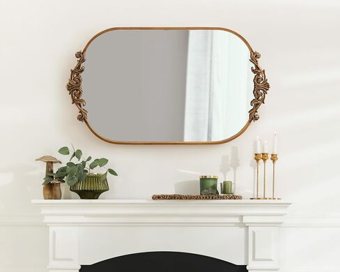Kate and Laurel Arendahl Traditional Capsule Wall Mirror, 24 x 41, Antique Gold, Vintage Glam Baroque-Inspired Round Bathroom Vanity Mirror with Ornate Crown in Saudi Arabia