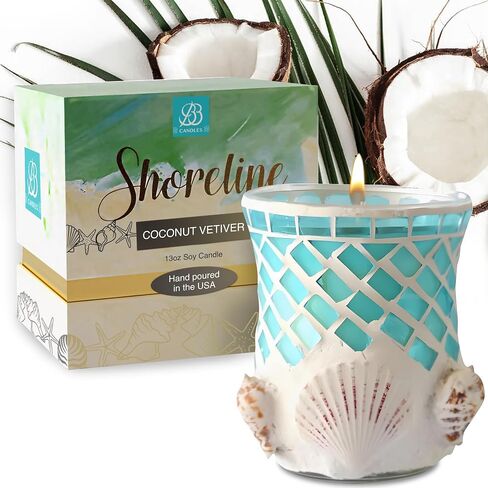 شمعة Shoreline Artisan، شمعة مصبوبة يدويًا من الصدف البحري والصويا البحرية، شمعة زجاجية مزخرفة لديكور المنزل الفاخر، شمعة الصويا مع احتراق طويل أكثر من 80 ساعة - نجيل الهند (13oz) in Saudi Arabia