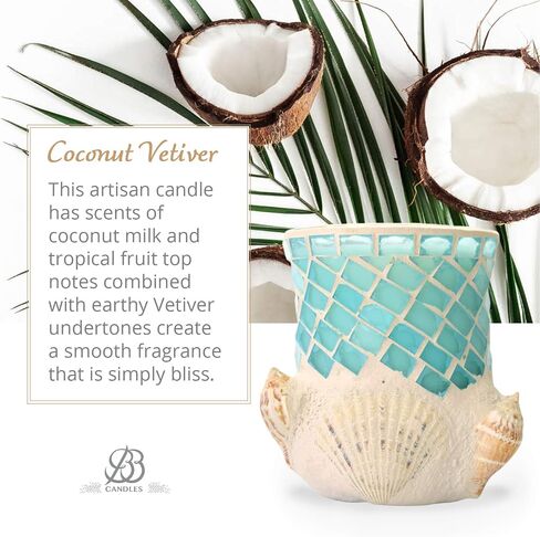 شمعة Shoreline Artisan، شمعة مصبوبة يدويًا من الصدف البحري والصويا البحرية، شمعة زجاجية مزخرفة لديكور المنزل الفاخر، شمعة الصويا مع احتراق طويل أكثر من 80 ساعة - نجيل الهند (13oz) in Saudi Arabia