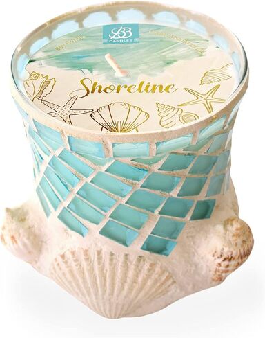 شمعة Shoreline Artisan، شمعة مصبوبة يدويًا من الصدف البحري والصويا البحرية، شمعة زجاجية مزخرفة لديكور المنزل الفاخر، شمعة الصويا مع احتراق طويل أكثر من 80 ساعة - نجيل الهند (13oz) in Saudi Arabia