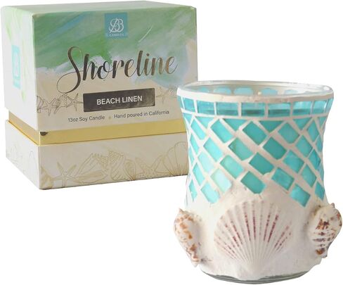 شمعة Shoreline Artisan، شمعة مصبوبة يدويًا من الصدف البحري والصويا البحرية، شمعة زجاجية مزخرفة لديكور المنزل الفاخر، شمعة الصويا مع احتراق طويل أكثر من 80 ساعة - نجيل الهند (13oz) in Saudi Arabia