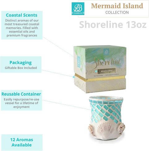 شمعة Shoreline Artisan، شمعة مصبوبة يدويًا من الصدف البحري والصويا البحرية، شمعة زجاجية مزخرفة لديكور المنزل الفاخر، شمعة الصويا مع احتراق طويل أكثر من 80 ساعة - نجيل الهند (13oz) in Saudi Arabia