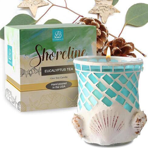 شمعة Shoreline Artisan، شمعة مصبوبة يدويًا من الصدف البحري والصويا البحرية، شمعة زجاجية مزخرفة لديكور المنزل الفاخر، شمعة الصويا مع احتراق طويل أكثر من 80 ساعة - نجيل الهند (13oz) in Saudi Arabia