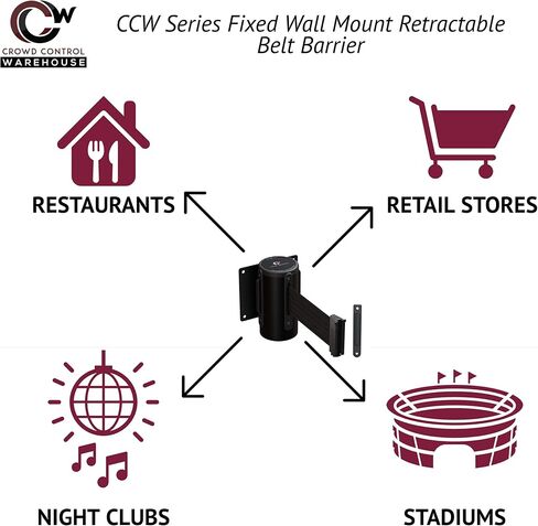 Crowd Control Warehouse - CCW Series WMB-125 Fixed Wall Mount Retractable Belt Barrier -11 Foot, Black/Red Stripe Belt with Stainless Steel Case in Kuwait