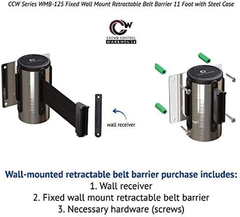 Crowd Control Warehouse - CCW Series WMB-125 Fixed Wall Mount Retractable Belt Barrier -11 Foot, Black/Red Stripe Belt with Stainless Steel Case in Kuwait