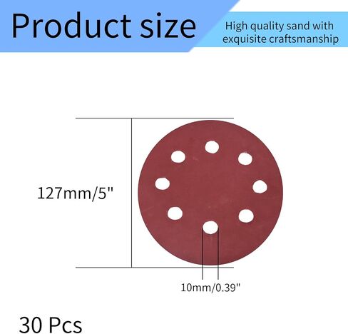 أقراص صنفرة YXQ 1000Grit مقاس 5 بوصات و8 فتحات بخطاف وحلقة لاصقة من ورق الصنفرة باللون الأحمر (30 قطعة) in Saudi Arabia