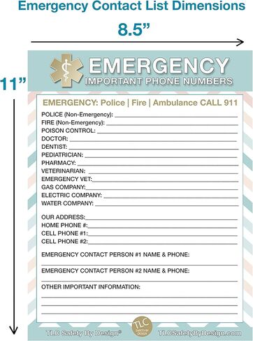 TLC Safety By Design Premium Emergency 8.5" x 11" Contact Cards in Magnetic Sleeve Large Format Refrigerator Safety Important Phone Numbers (2 Cards and 1 Magnetic Sleeve, Pastel Medical ICE) in Saudi Arabia