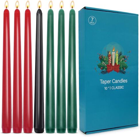 Set of 7 10 Inch Taper Candles, Dripless Unscented Colored Tall Candlesticks for Christmas Kwanzaa Party Home Dinner Table - 3 Red 3 Green and 1 Black in Saudi Arabia