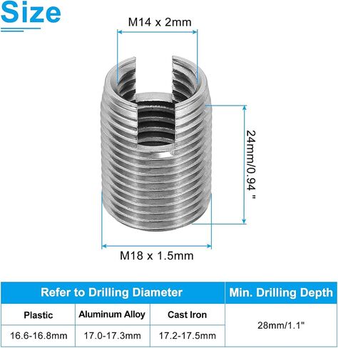 PATIKIL Self-Tapping Threaded Inserts, 6 Pcs M14 x M18 x 24mm 303 Stainless Steel Thread Adapter Reducer Slotted Screw Repair Inserts Nuts Sleeve in Saudi Arabia
