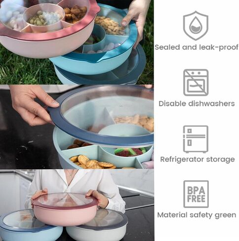 Bugucat Veggie Tray with Lid, Snackle Box Container, Multi-Purpose Divided Serving Tray with Lid, 5 Compartment Tray 28.2 x 28.2 x 8.5 cm for Party Travel Picnic in Saudi Arabia