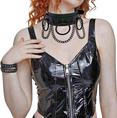 Black Gothic Leather Choker Necklace Adjustable Punk Rock Collar with D-Rings CosplayJewelry Gift in Saudi Arabia