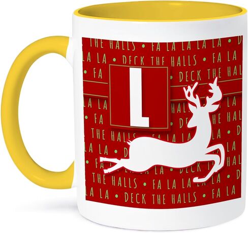 3dRose Letter L Monogram Christmas White Reindeer Deck The Halls Theme Mug, 11 oz in Saudi Arabia