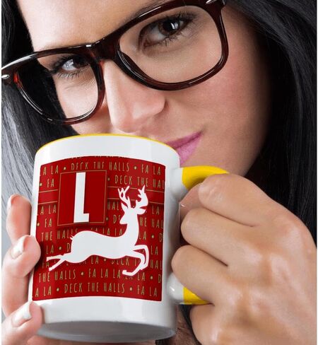 3dRose Letter L Monogram Christmas White Reindeer Deck The Halls Theme Mug, 11 oz in Saudi Arabia