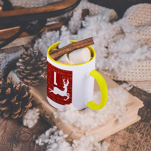 3dRose Letter L Monogram Christmas White Reindeer Deck The Halls Theme Mug, 11 oz in Saudi Arabia