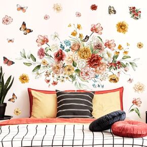 Large Flower Wall Stickers Vintage Peony Flower Wall Decals Peel and Stick Spring Floral Wall Art Mural Stickers for Girls Bedroom Watercolor Flowers Butterfly Wall Decal for Living Room Nursery Decor