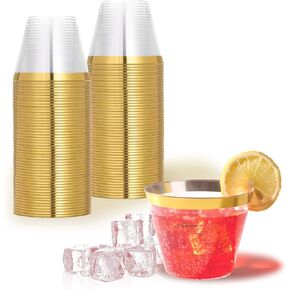 12 oz Gold Plastic Cups, 100 Pack Gold Rimmed Disposable Cups, Heavy-Duty Clear Hard Plastic Cups with Gold Rim Party Cups for Wedding, Halloween, Thanksgiving, Christmas