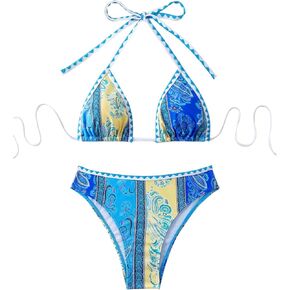 GORGLITTER Women's Lemon Print Bikini Set Triangle Hlter Top Tassel High Cut Thong Swimsuit Bathing Suit