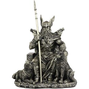 Ebros Gift Norse Viking Mythology Odin The Alfather Sitting On A Throne with Two Wolf Dogs Statue Norselandic Folklore Thor Ragnarok Trilogy Wotan Decorative Figurine 10.5" High