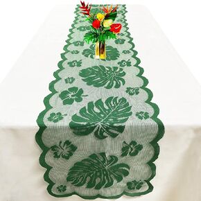 Tropical Table Runner for Palm Leaves Party Decorations - Green Lace Table Runner for Luau Wedding, Hawaiian, Havana Nights, Safari, Cuba Party Decorations - Monstera Kitchen Tropical Table Decor