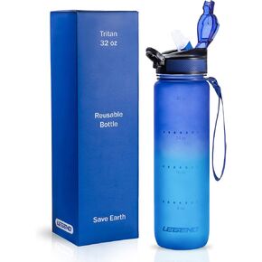 LEGEND 32oz Water Bottle with Time Tracker - No BPAs, Premium Tritan Plastic - Portable Motivational Water Bottles for Gym, Office, School - Leakproof Cap, Removable Silicone Straw, Carry Strap - Blue