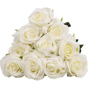 10 PCS Artificial Rose Flowers, Realistic Fake Rose Long Stem Bouquet, Artificial Fake Flowers for DIY Wedding Bouquets, Wedding Centerpieces, Party Table Decorations (White)