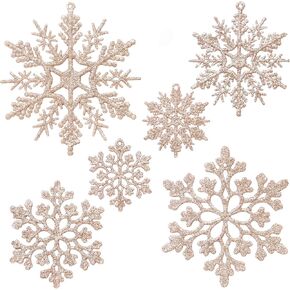 Sea Team Plastic Christmas Glitter Snowflake Ornaments Christmas Tree Decorations, 2, 3, 4 Inches, Set of 36, Champagne