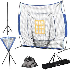 Soozier Baseball Practice Net Set with 7.5x7ft Catcher Net, Ball Caddy and Batting Tee, Portable Baseball Practice Equipment with Carry Bag for Hitting, Pitching, Batting, Catching