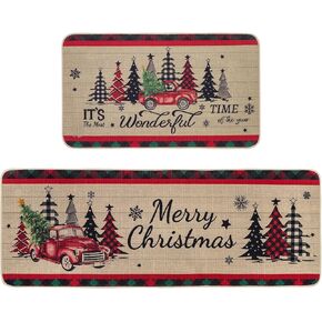 Christmas Kitchen Mats Set of 2, Truck and Tree Plaid Christmas Kitchen Decor Christmas Runner Rug and Mat Set, Low-Profile Kitchen Rugs for Floor(17x29 and 17x47 Inch)