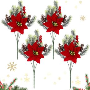 8 Pcs 13.4 Inch Red Poinsettia Artificial Christmas Flowers Bouquet with Pine Cone Red Berry Pine Needle Artificial Plants Christmas Decor for Craft Xmas Tree Garland Home Indoor Outdoor