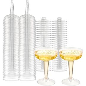 Oasis Creations Plastic Champagne Glasses Set (50 Count) 4.5 Ounce - Stem Cups 2 Pieces - Ideal for Birthday Party, Wedding Reception and More