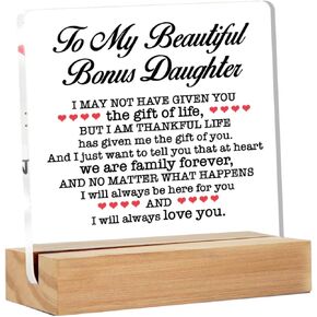 Bonus Daughter Gift - Gift for Bonus Daughter - Bonus Daughter Gift From Stepmom Stepdad - to My Beautiful Bonus Daughter Clear Desk Sign Decor Home Bedroom Desk Decor (4 x 4 Inches)