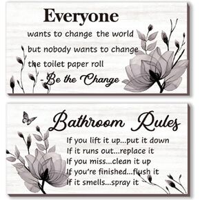 2 Pieces Blue Bathroom Decor Bathroom Rules Wall Art Blue Flower Bathroom Rules Signs Rustic Farmhouse Wooden Bathroom Rules Wall Sign for Bathroom Toilet Wall Decor (Blue 12x6 Inch)