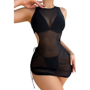 SweatyRocks Women's 3 Piece Bathing Suit Halter Tie Side Triangle Bikini Swimsuit with Mesh Cut Out Cover Up Dress