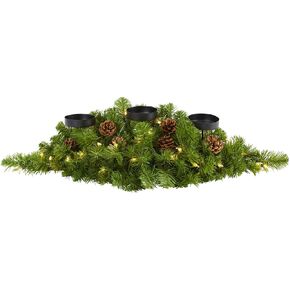 Nearly Natural 30in. Christmas Artificial Pine Triple Candelabrum with 35 Clear Lights and Pine Cones