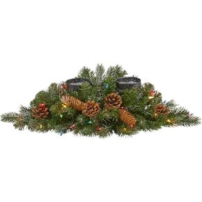 Nearly Natural 30in. Christmas Artificial Pine Triple Candelabrum with 35 Clear Lights and Pine Cones