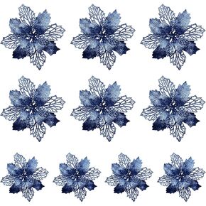 DULRLLY 10 Pcs Blue Glitters Poinsettia Flowers, Artificial Christmas Flowers Picks with Clip, Glitters Christmas Tree Poinsettia Decorations for Xmas Wedding Party Wreath
