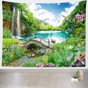 CORFOTO Fantasy Tapestry Spring Scenery Tapestry Waterfall Wonderland Tapestry Wall Hanging Lake White Horse Bridge Tapestry Wall for Kids Adults Bedroom Decorations Window Decor Wall Picture 80x60in